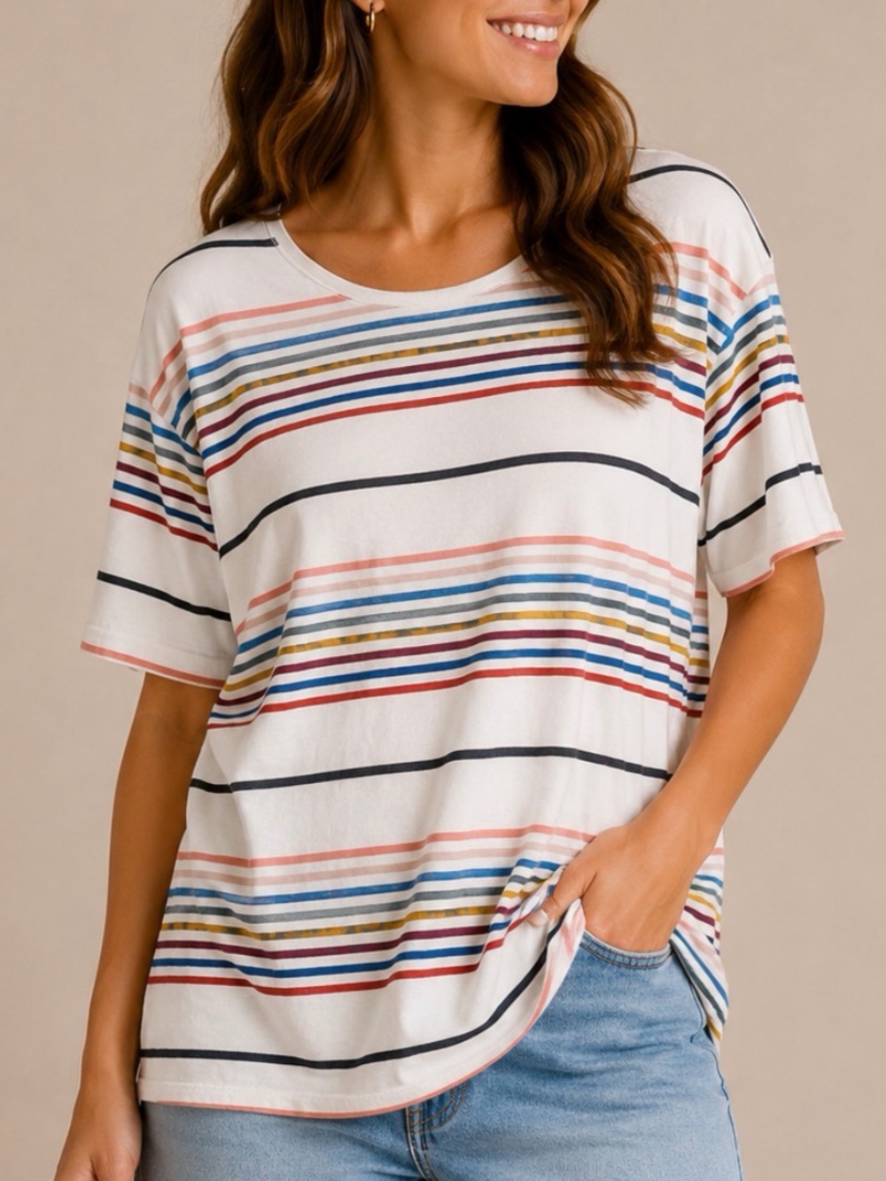 Sonoma White Scoop Neck Tee with Multicolor Stripes